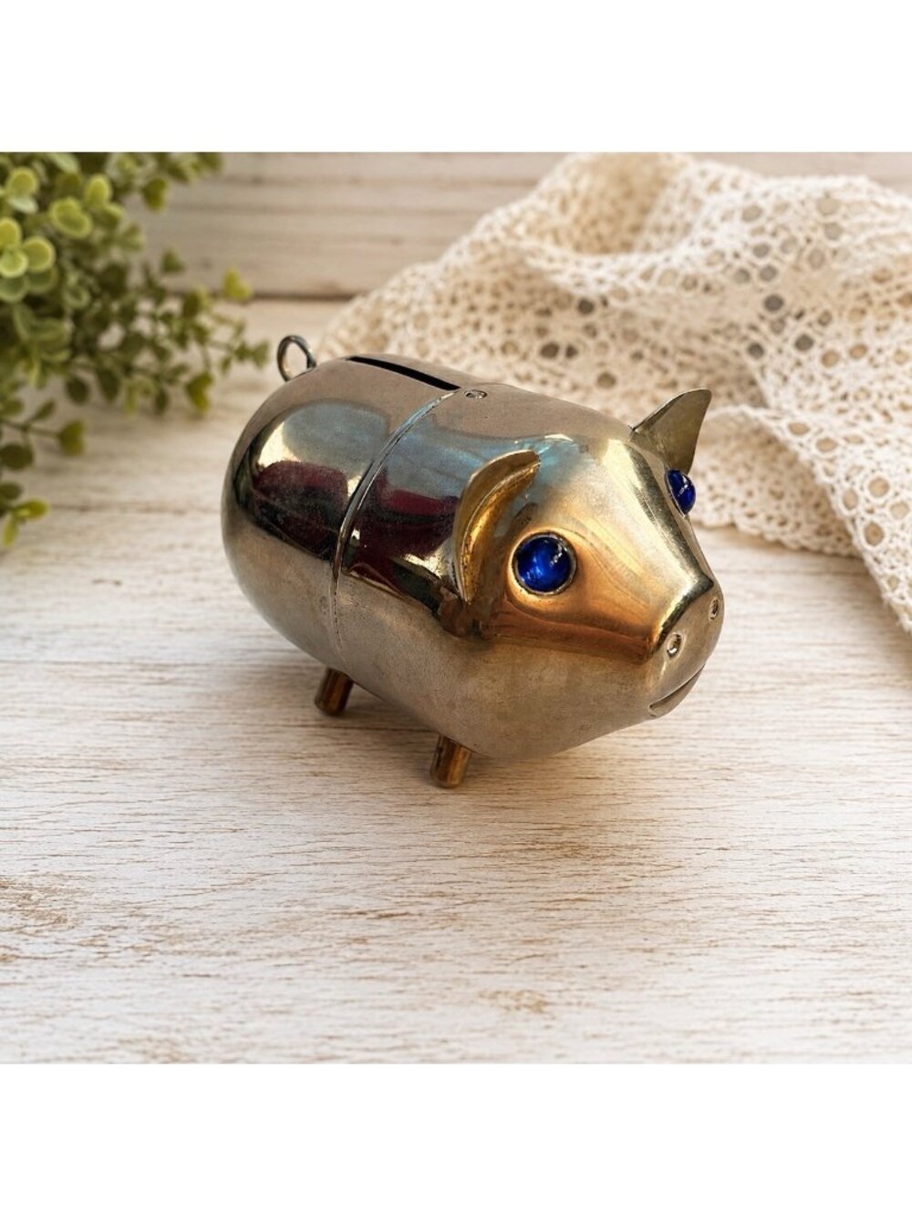 Vintage Silverplated Metal Piggy Bank w/ Blue Rhinestone Crystal Eyes Hong Kong